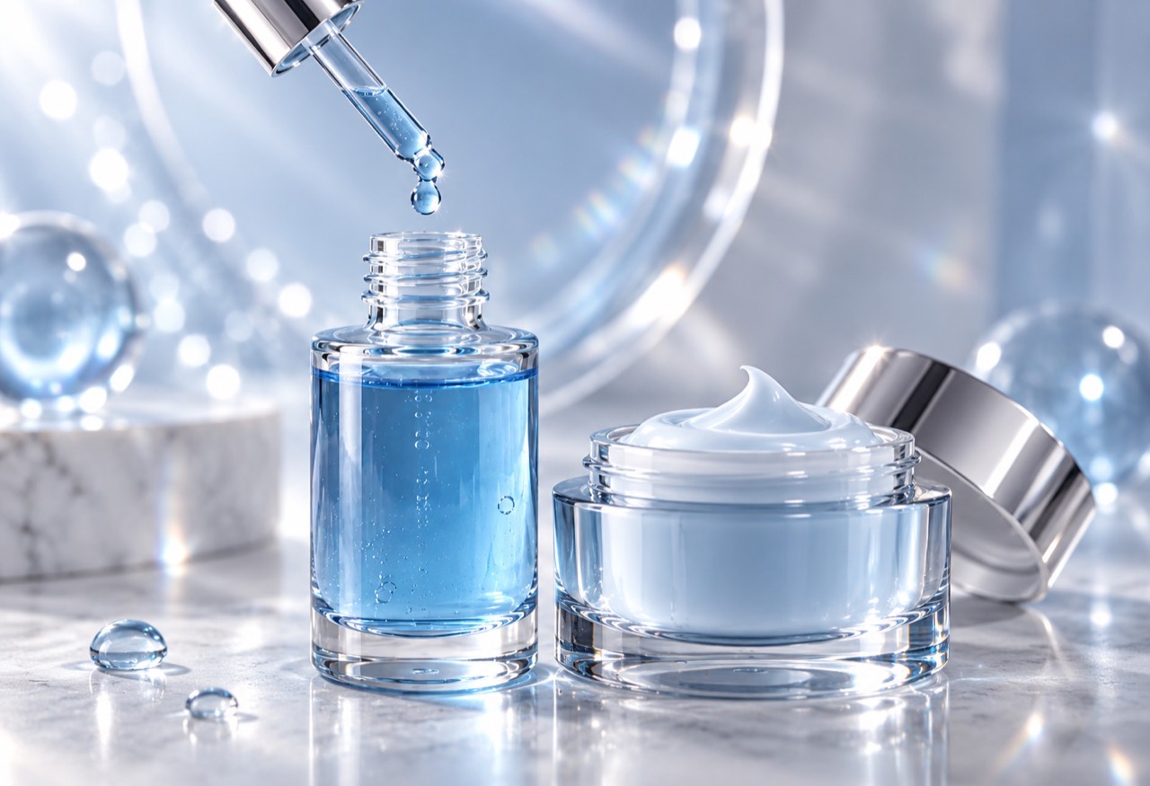 Beautyglow: Blaues Serum mit Pipette und Pflegecreme